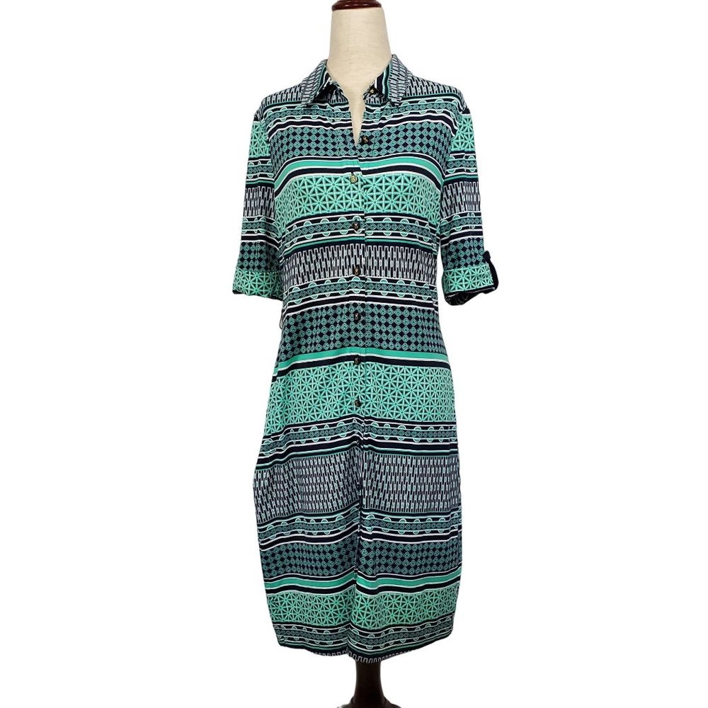 Charter Club Womens Dress sz MP button down collared green & blue knee length